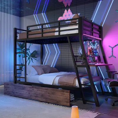 A modern bedroom with a bunk bed, desk, and gaming setup, illuminated by neon lights.