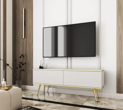 Obrázek produktu pro Komoda Banff RTV135, TV skříňka - bílá - zlaté nožičky - šířka 135 cm, výška 53 cm, hloubka 32 cm