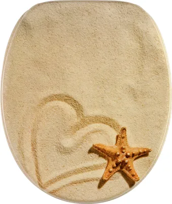 A toilet seat with a sandy beach design and a starfish.