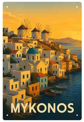 Produktbild von Blechschild 20x30cm Mykonos Mittelmeer Reise Motiv Metallschild Wanddeko Griechenland Urlaub Küste Sommer AstraDesign