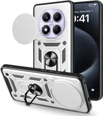 Three views of a silver and black phone case with a camera cover and ring holder, displayed on a white background.