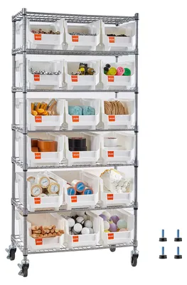 Image de Étagère sur pied VEVOR, étagère de rangement à 7 niveaux et 18 bacs empilables, bibliothèque, étagère de cuisine à roulettes, rangement pour outils pour garage, entrepôt, bureau, restaurant, salle de classe, cuisine, 690 x 355 x 1490 mm