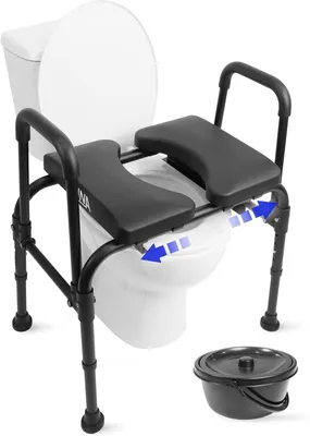 Obrázok produktu pre Toaletné sedadlo pre seniorov s nastaviteľným sedadlom (nosnosť 180 kg), robustná toaletná stolička pre seniorov, výškovo nastaviteľná, 3 v 1