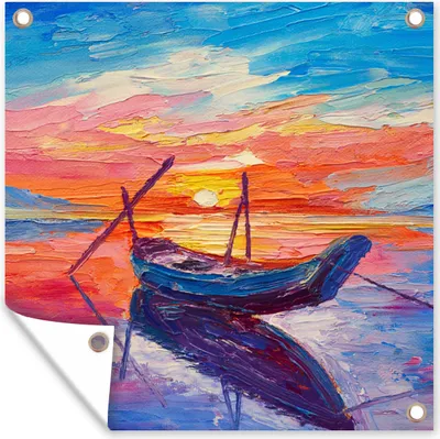 Produktbild von MuchoWow® 100x100 cm Outdoor-Poster Gartendeko Sichtschutz Garten Poster für den Garten  Malerei - Boot - Ölfarbe - Wasser