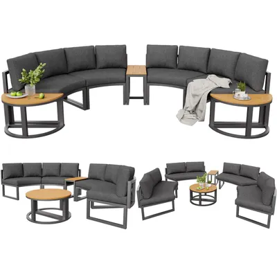 Produktbild von Gartenmöbel-Set für 6 Personen,Garten Loungesessel Set,bequeme Gartenmöbel mit grauen Sitzpolstern und Kissen,verstellbare Beine,elegantes rundes Sofa