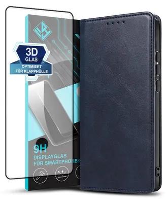 Produktbild von Handyhülle für Samsung Galaxy S20 mit 9H Displayglas Kunstleder Flip Cover Hülle Klapphülle Case Kartenfach Farbe: Blau