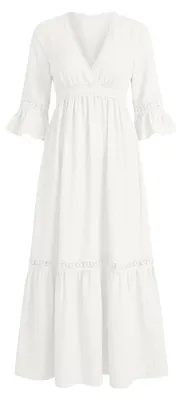 Produktbild von Langes Damenkleid mit Glockenärmeln, V-Ausschnitt und Spitzenbesatz