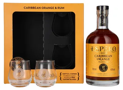 Produktbild von Ron Espero Caribbean Orange Liqueur 40% Vol. 0,7l in Geschenkbox mit 2 Gläser