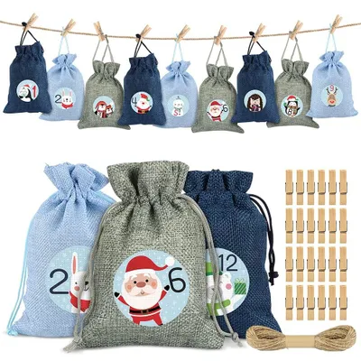 Productafbeelding van Adventskalender om zelf te vullen - 24 herbruikbare stoffen zakjes - Jute zakjes voor adventskalenders - 24 stuks