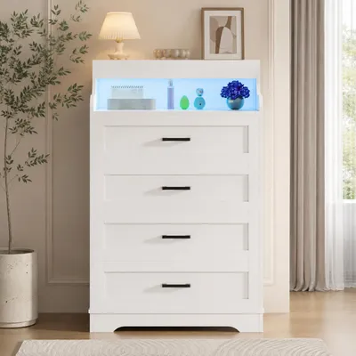 Produktbild von INONEFT Kommode mit 4 schubladen, Sideboard mit LED Beleuchtung, Schubladenschrank mit 2 Offenen Langerfächer, für Schlafzimmer und Wohnzimmer, Weiß, KI-generiertes Bild
