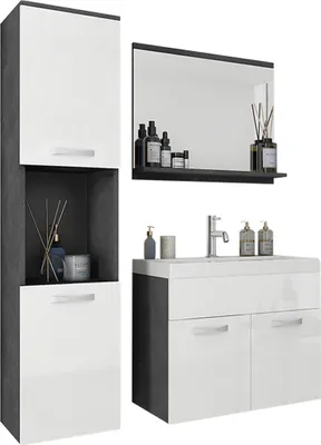 Produktbild von MIRJAN24 Badmöbel-Set Montreal, Badezimmer-Set mit Spiegel und Waschbecken (Farbe: Matera / Weiß Hochglanz, mit Siphon)