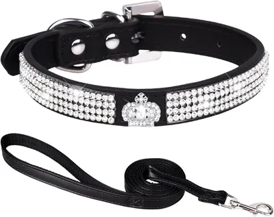 Produktbild von Hundehalsband mit Leine hundehalsband Strass hundehalsband kleine Hunde lederhalsband Hund für kleine mittlere und große Hunde Schwarz M