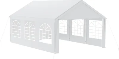 A white party tent with arched windows is shown from a diagonal angle against a white background.