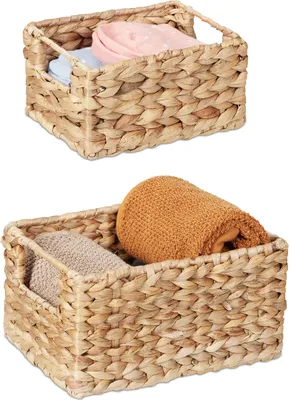 Produktbild von Relaxdays Aufbewahrungskorb Set, Wasserhyazinthe, 2 Größen, Badezimmer & Deko, geflochtene Utensilienkörbe, natur