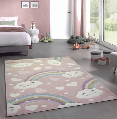 Imagen del producto de Alfombra para niños, alfombra para habitación infantil, alfombra para bebés, diseño de arcoíris y nubes, color rosa, tamaño 160x230 cm