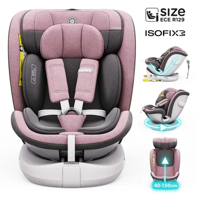A pink and gray car seat with multiple views shown.