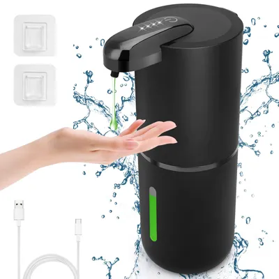 Image de Distributeur automatique de savon liquide, voyant de fonctionnement, distributeur électrique de savon de 400 ml avec capteur, 4 niveaux de dosage, distributeur mural automatique pour salle de bains et cuisine, noir