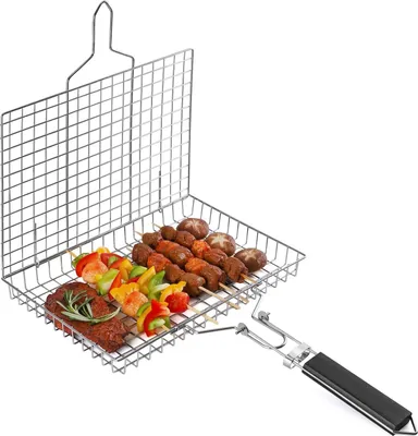 Obrázek produktu pro Grilovací koš na venkovní grilování, skládací nerezový grilovací koš s rukojetí, přenosný grilovací rošt, kempingové nádobí, příslušenství na grilování ryb, zeleniny, krevet