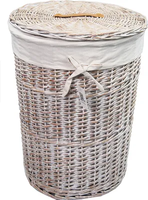A white wicker laundry basket with a lid and a fabric liner.