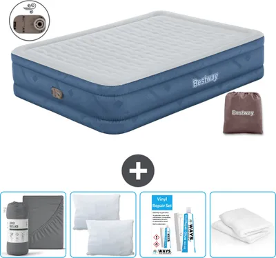 Productafbeelding van Tweepersoons luchtbed - 152 x 203 x 46 cm - Grijs - Met pomp - Beddengoed - Kussens - Kussenbeschermers en reparatieset