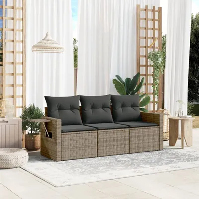 Produktbild von Design 3-tlg. Garten-Sofagarnitur mit Kissen Grau Poly Rattan, Gartenmöbel-Sets 2024 Neu