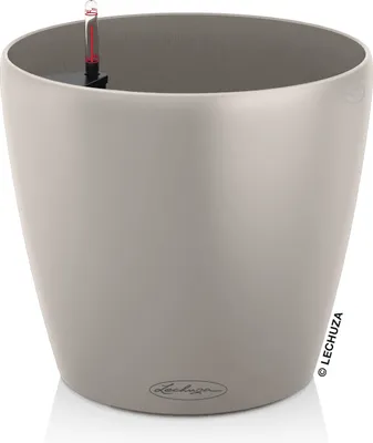 A sand brown LECHUZA planter with a self-watering system.