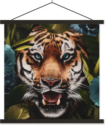 Produktbild von MuchoWow® Textilposter Tiger - Dschungel - Blumen 90x90 cm mit schwarzem Rahmen - Magnetisches