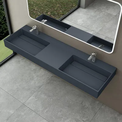 Immagine prodotto di doporro Lavabo doppio Sospeso Lavabo da Appoggio Rettangolare in Marmo Resina Antracite Opaco, Vasca Doppia 160x48x13 cm con 2 Fori Rubinetto e Piletta Scarico, Colossum12