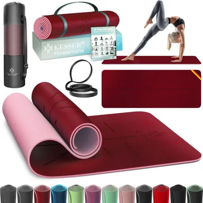 A collage of images showcasing a yoga mat and its accessories, including a person demonstrating a yoga pose.