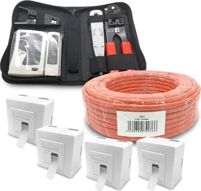 Produktbild von ARLI Cat7 Verlegekabel 50m + 4x Netzwerkdose + Werkzeug Set inkl. Crimpzange LSA Tester Messer