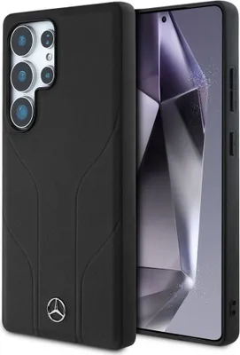A black Mercedes-Benz branded phone case is shown next to a smartphone.