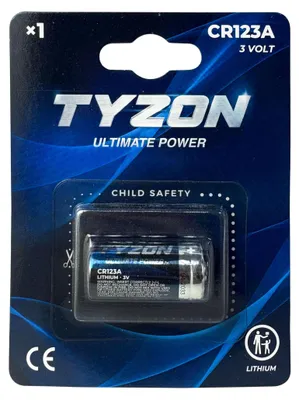 Immagine prodotto di Batteria al litio TYZON® CR123A, 3V – Confezione da 1 – Adatta per torce, sistemi di sicurezza