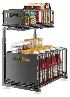 Zdjęcie produktu dla Organizer do przechowywania do szafki pod zlewem - wysuwana półka kuchenna - 2 poziomy - regulowana - stal - czarny
