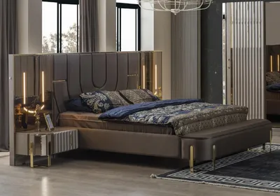 Image de Lit de luxe Lits modernes Lit double Marron Cadre de lit Chambre à coucher Neuf