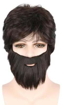 Immagine prodotto di Set parrucca e barba da uomo, anni '70, colore marrone, capelli corti e ricci, stile bouffant, ideale per Halloween