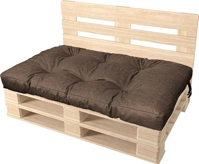 A brown cushion on a wooden pallet bench.