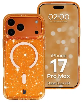 Produktbild von Glitzer Hülle mit Magnetring für iPhone 17 Pro Max, Bizon Case SparklO, Transparent-Orange mit Glitzer