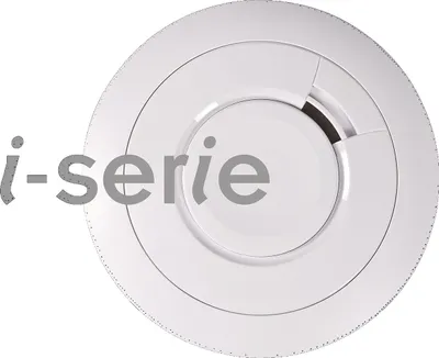 A white smoke detector with the text 'i-serie' overlaid on it.