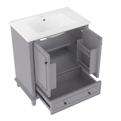 Produktbild von Flieks Waschtisch mit Türregalen und Schubladen, Waschbeckenunterschrank mit Waschbecken aus Keramik, 76x46x87 cm, grau