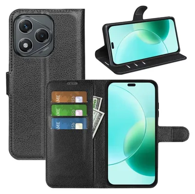 A black leather wallet-style phone case with a phone inside, and a separate phone in a similar case shown open.