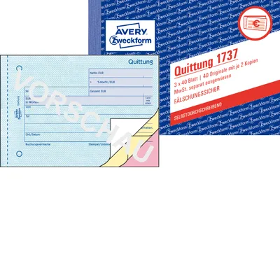 Produktbild von Avery Zweckform 1737, Quittung MwSt. separat ausgewiesen, A6 quer, selbstdurchschreibend, 3x40 Blatt