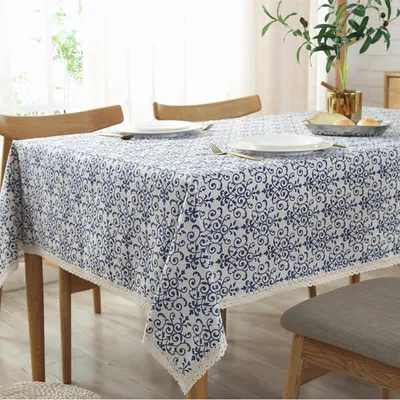 Productafbeelding van Tafelkleed, blauw/wit, porseleinlook, linnenoptiek, 120 x 120 cm, afwasbaar, vlekbescherming
