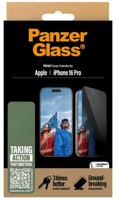 Produktbild von PanzerGlass ® 2-Way Privacy Displayschutz iPhone 16 Pro | Ultra-Wide Fit m. EasyAligner, Apple, Apple - iPhone 16 Pro, Trockene Anwendung, Kratzresistent, Schockresistent, Transparent, 1 Stück(e)