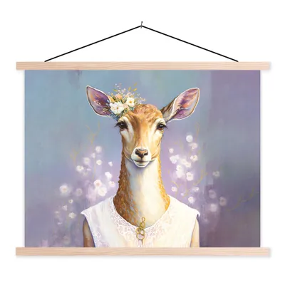 Produktbild von MuchoWow® Textilposter Hirsche - Blumen - Gemälde - Porträt - Tiere 120x90 cm mit holzfarbenen Rahmen - Magnetisch