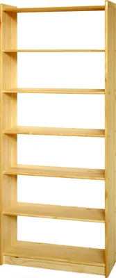 A tall, empty wooden bookshelf with five shelves against a white background.
