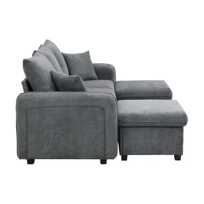Produktbild von Merax Ecksofa U-Form mit Schlaffunktion und Stauraum, Dreisitzer Sofa-Set mit 2 Hocker – Chenille-Stoff, Metallrahmen, Modular Kombinierbar, Grua