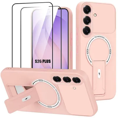 Image de Coque + 2 Verres Trempés pour Samsung Galaxy S26 Plus, avec Cercle Magnétique et Support - Rose