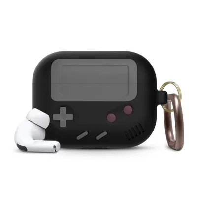 A black AirPods Pro case designed to look like a retro handheld game console, with a white AirPod and charging case shown next to it.