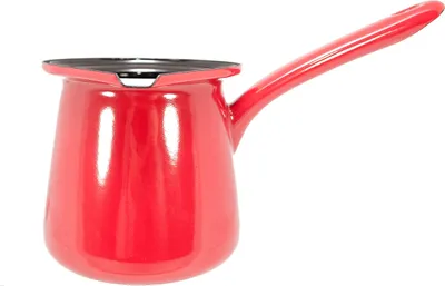 A red enamel coffee pot with a long handle, shown against a white background.