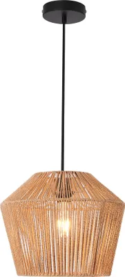 A pendant lamp with a woven shade.